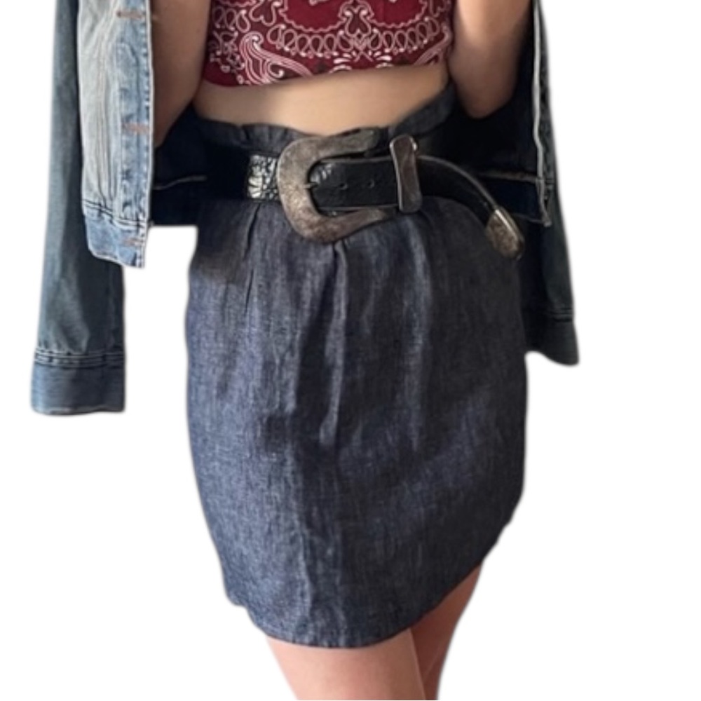 Vintage Y2K Blue Chambray Denim High Waist Mini Skirt Matching Tie Belt Small - Picture 2 of 16
